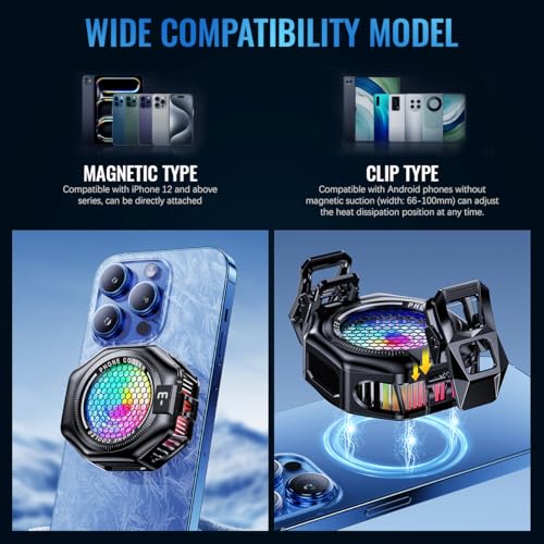 ZORBES® Phone Cooler Gaming Fan Magnetic Mobile Cooler with 3 Level Modes RGB LED Cooling Fan with Clips Radiator Case for iPhone Android Smartphone 2PCS ZORBES® Phone Cooler Gaming Fan Magnetic Mobile Cooler with 3 Level Modes RGB LED Cooling Fan with Clips Radiator Case for iPhone Android Smartphone 2PCS